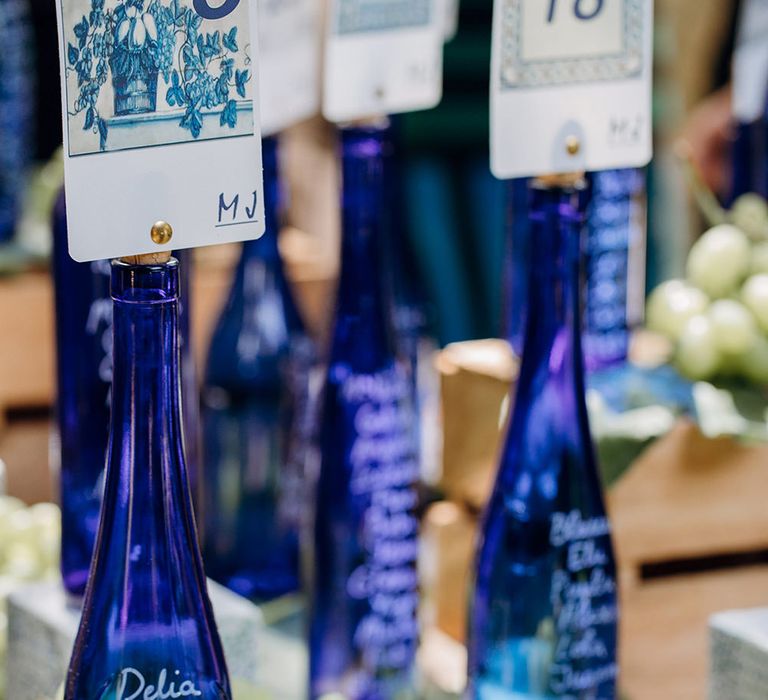 Blue Bottle Table Plan Wedding Decor | Malaga Destination Wedding | Sara Lobla Photography | Un Par de Medias Film