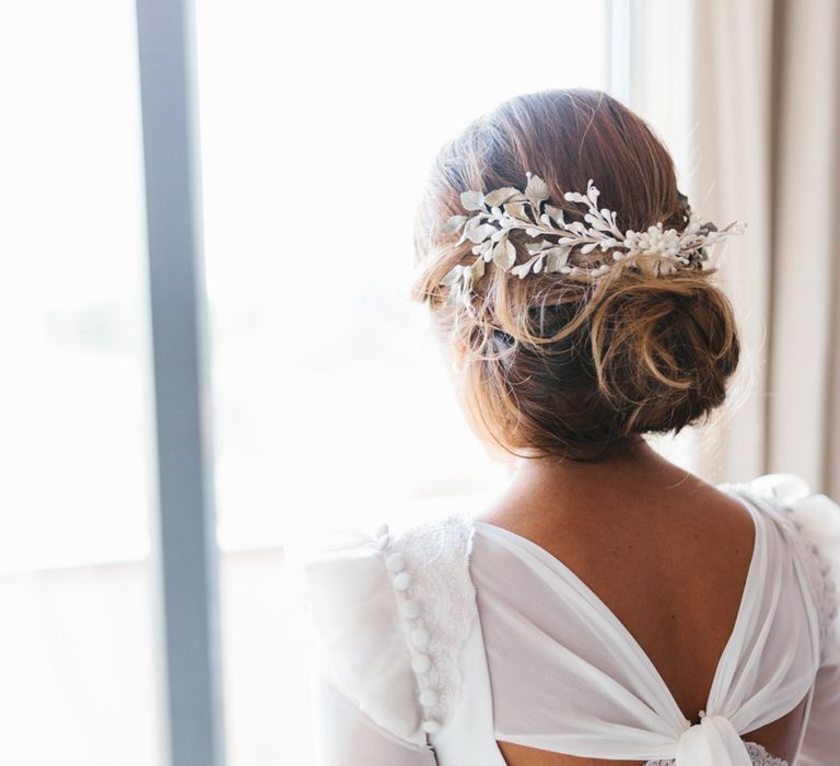 Stylish Wedding Dress with beautiful Back Detail from Beba’s Closet, for a Destination Wedding at Castillo de Viñuelas in Madrid, Spain | Lorena San José Photography