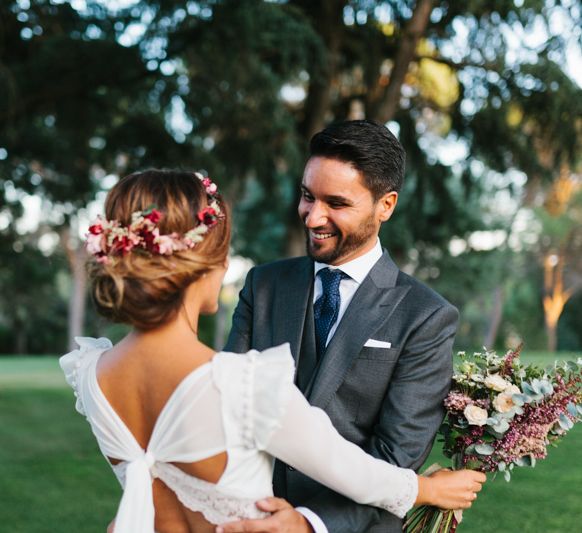 Stylish Wedding Dress with beautiful Back Detail from Beba’s Closet, for a Destination Wedding at Castillo de Viñuelas in Madrid, Spain | Lorena San José Photography