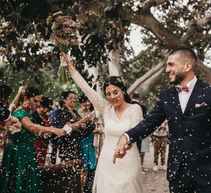 Confetti exit for bride and groom