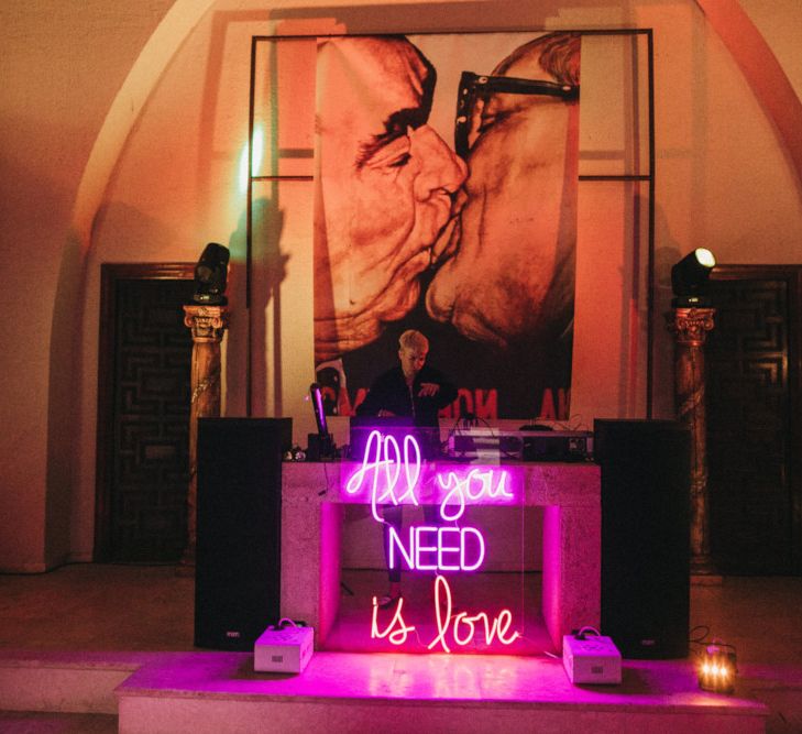 Neon wedding sign at Spanish wedding