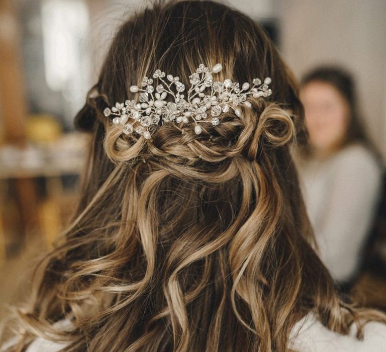 Half up, half down wedding hair with jewelled hair slide