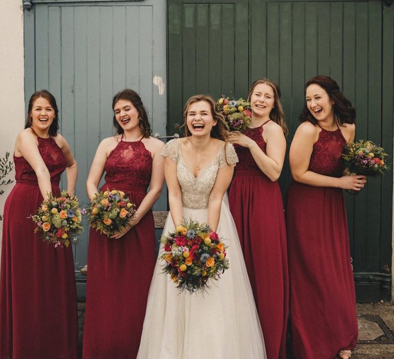 bridal party portrait with former 2014 Great British Bake Off contestant Martha Collinson in a customised Morilee wedding dress