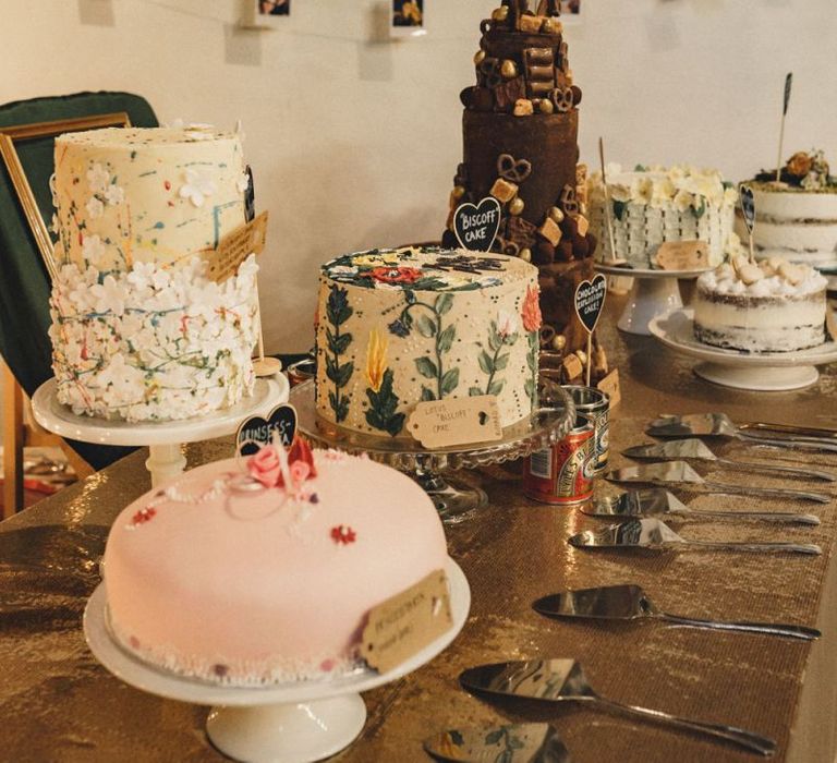 Dessert table at the rustic barn wedding on former 2014 Great British Bake Off contestant Martha Collinson