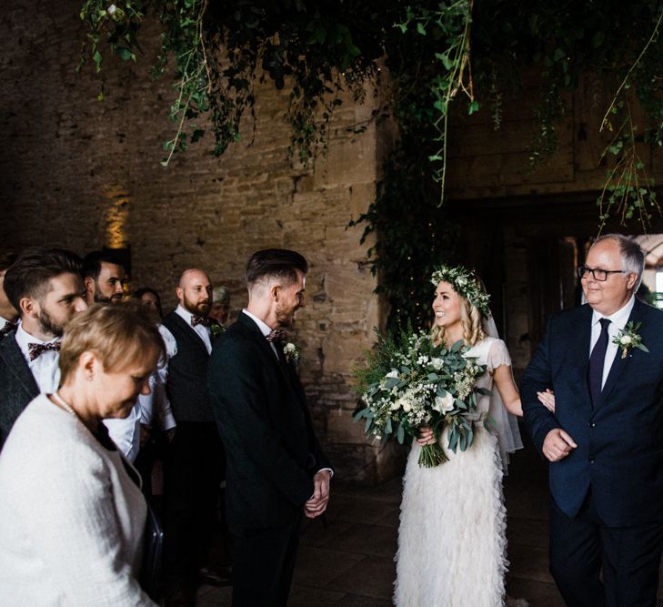 Wedding Ceremony Bridal Entrance with Bride in Halfpenny London Swan Tulle Petal Bridal Skirt and Separate Top