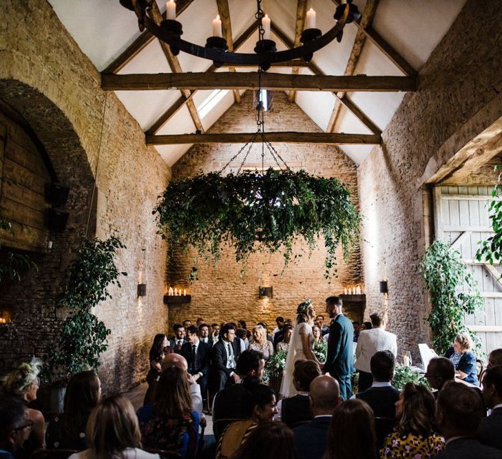 Wedding Ceremony at Stone Barn with Foliage Floristry Decor by Go Wild Flowers