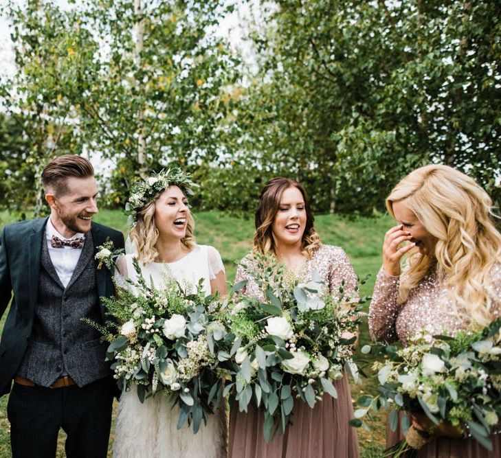 Bride and Groom with Their Bridesmaids in Dusky Pink Sequin and Tulle Maya Dresses from ASOS