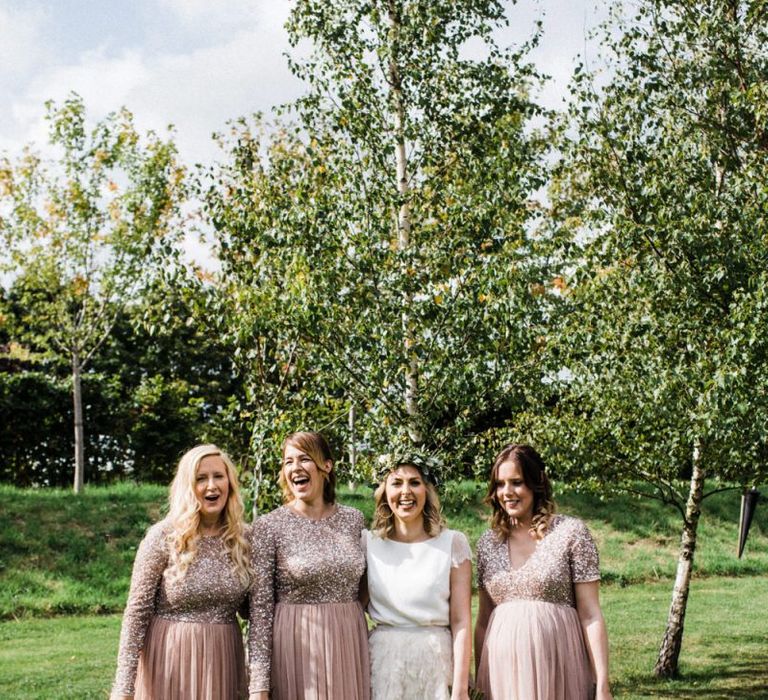 Bridal Party Portrait with Bridesmaids in Pink Maya Dresses and Bride in Halfpenny London Swan Tulle Petal Bridal Skirt and Separate Top