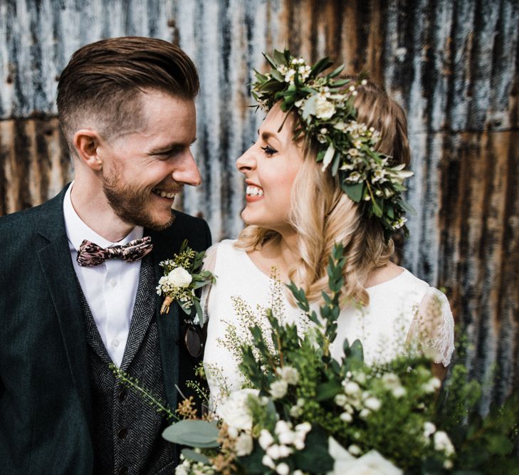 Bride in Separates and Flower Crown and Groom in Wool Suit &amp; Bow Tie