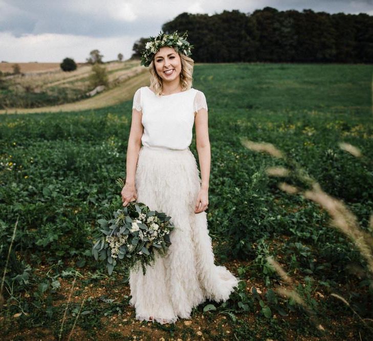 Bride in Halfpenny London Swan Tulle Petal Skirt, Crepe Scoop Neck Top and Flower Crown