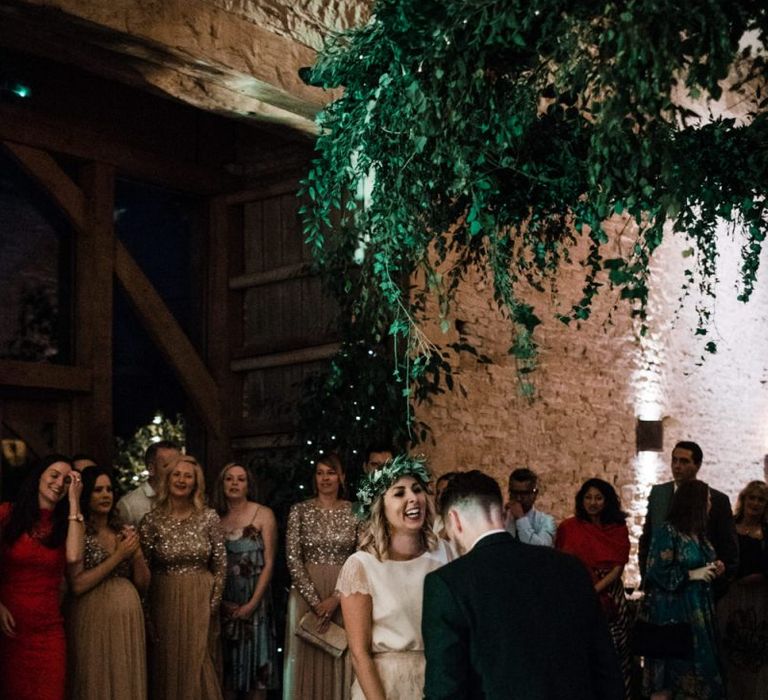 Bride and Groom First Dance at Stone Bar with Bride in Halfpenny London Swan Tulle Petal Bridal Skirt and Flower Crown