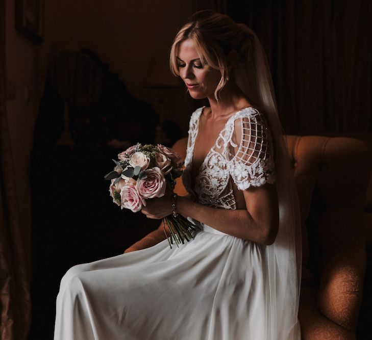 Bride in Embellished Bodice Yaki Ravid Bridal Gown | Blush Pink &amp; White Marbella Beach Wedding at El Chiringuito, Puente Romano |  Kino Ortega Photographer