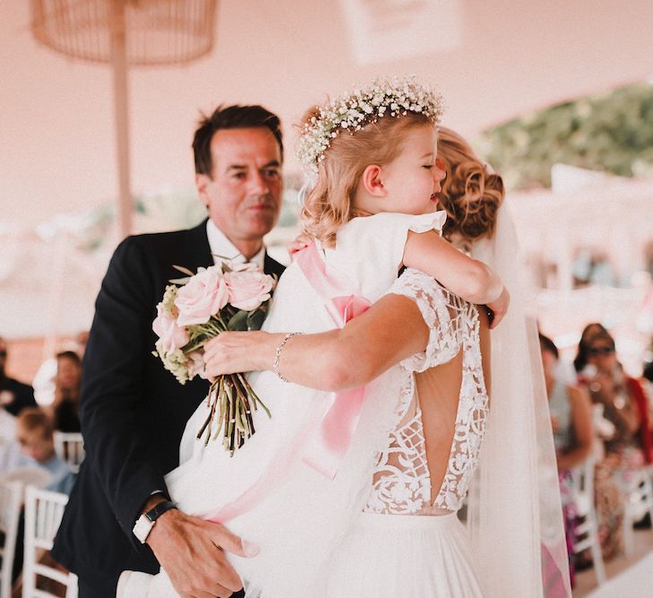 Wedding Ceremony | Bride in Yaki Ravid Gown | Groom in Armani Suit | Flower Girl Daughter with Gypsophila Flower Crown | Blush Pink &amp; White Marbella Beach Wedding at El Chiringuito, Puente Romano |  Kino Ortega Photographer