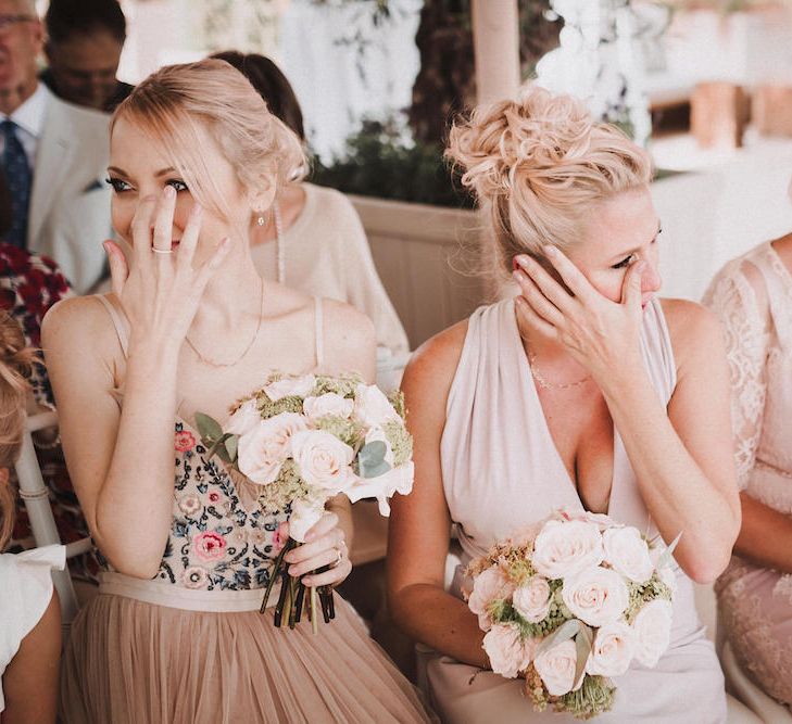 Wedding Ceremony | Bridesmaids in Different Blush Dresses | Blush Pink &amp; White Marbella Beach Wedding at El Chiringuito, Puente Romano |  Kino Ortega Photographer