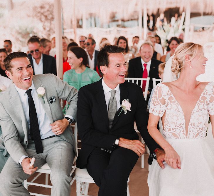 Wedding Ceremony | Bride in Yaki Ravid Gown | Groom in Armani Suit | Blush Pink &amp; White Marbella Beach Wedding at El Chiringuito, Puente Romano |  Kino Ortega Photographer