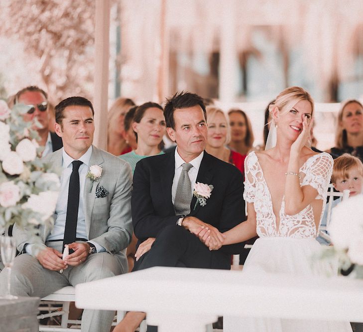 Wedding Ceremony | Bride in Yaki Ravid Gown | Groom in Armani Suit | Blush Pink &amp; White Marbella Beach Wedding at El Chiringuito, Puente Romano |  Kino Ortega Photographer