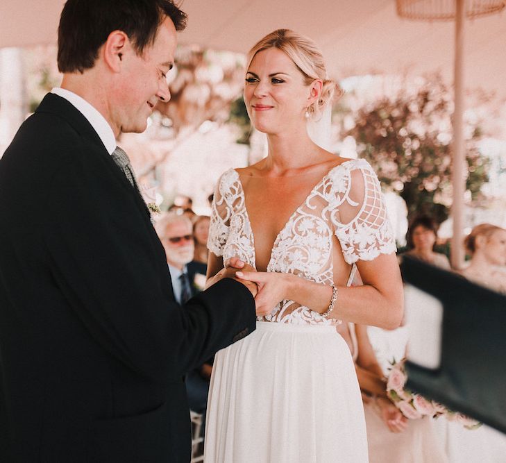 Wedding Ceremony | Bride in Yaki Ravid Gown | Groom in Armani Suit | Blush Pink &amp; White Marbella Beach Wedding at El Chiringuito, Puente Romano |  Kino Ortega Photographer