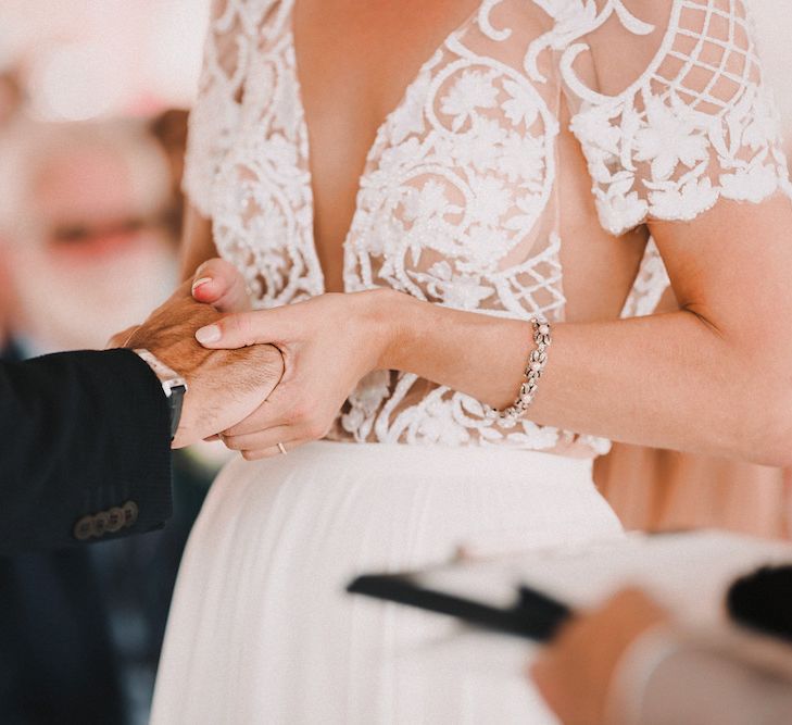 Wedding Ceremony | Bride in Yaki Ravid Gown | Groom in Armani Suit | Blush Pink &amp; White Marbella Beach Wedding at El Chiringuito, Puente Romano |  Kino Ortega Photographer