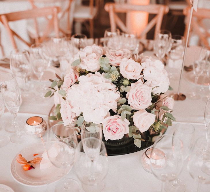 Pink &amp; White Rose Floral Arrangement | table Centrepiece | Wedding Decor | Blush Pink &amp; White Marbella Beach Wedding at El Chiringuito, Puente Romano |  Kino Ortega Photographer