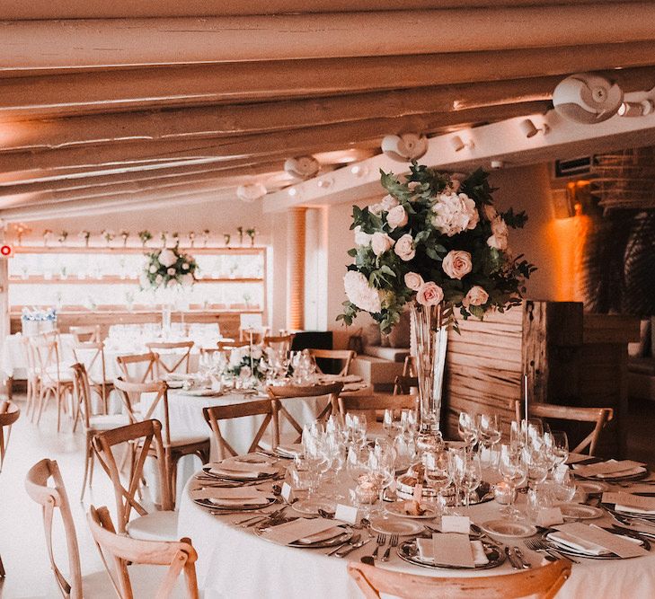 Elegant Pink &amp; White Reception Decor | Blush Pink &amp; White Marbella Beach Wedding at El Chiringuito, Puente Romano |  Kino Ortega Photographer