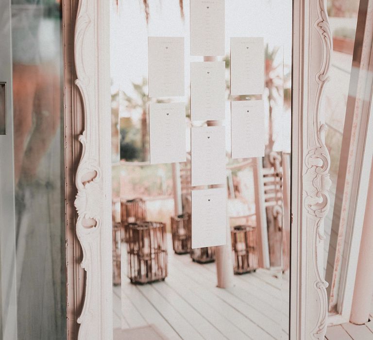 Mirror Table Plan | Blush Pink &amp; White Marbella Beach Wedding at El Chiringuito, Puente Romano |  Kino Ortega Photographer