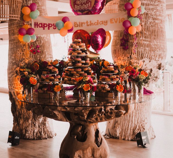 Doughnut Wedding Cake Tower | Blush Pink &amp; White Marbella Beach Wedding at El Chiringuito, Puente Romano |  Kino Ortega Photographer