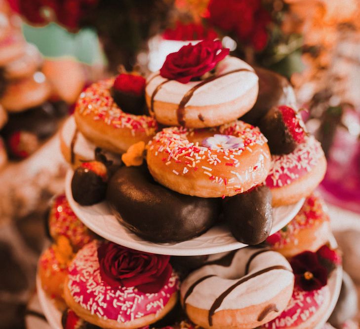 Doughnut Wedding Cake Tower | Blush Pink &amp; White Marbella Beach Wedding at El Chiringuito, Puente Romano |  Kino Ortega Photographer