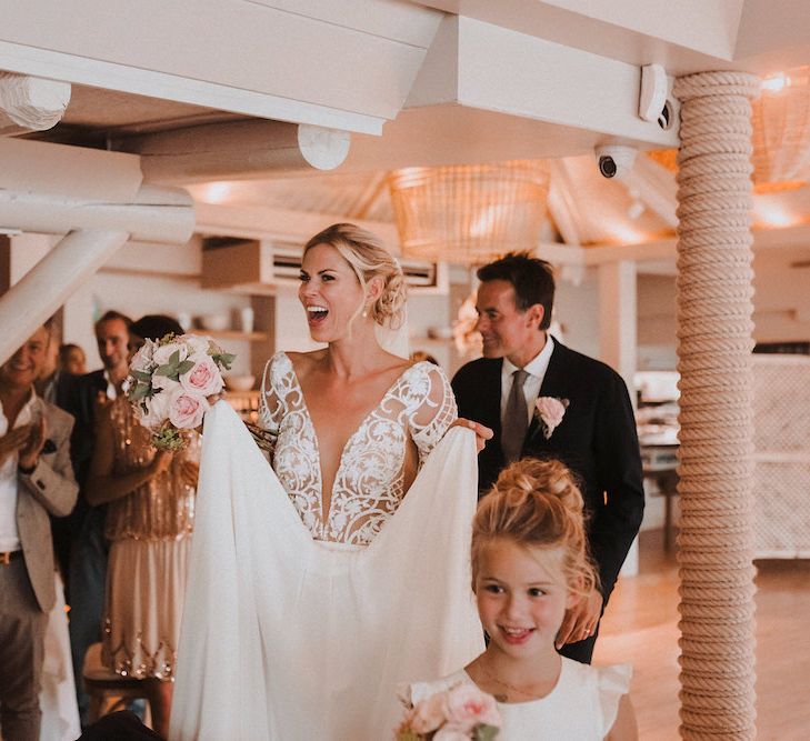 Bride in Embellished Bodice Yaki Ravid Gown | Groom in Armani Suit | Blush Pink &amp; White Marbella Beach Wedding at El Chiringuito, Puente Romano |  Kino Ortega Photographer