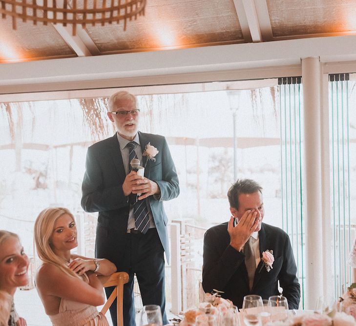 Wedding Reception Speeches | Bride in Embellished Bodice Yaki Ravid Gown | Groom in Armani Suit | Blush Pink &amp; White Marbella Beach Wedding at El Chiringuito, Puente Romano |  Kino Ortega Photographer