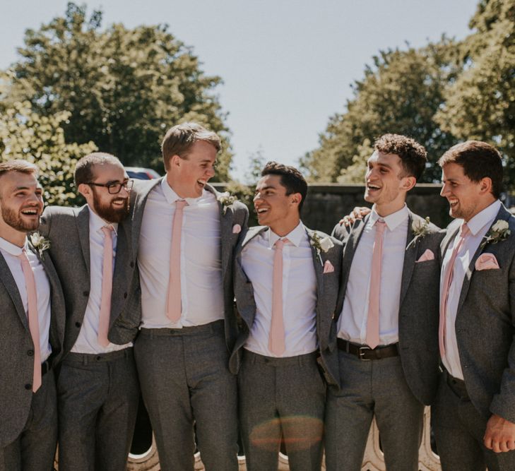 Groom &amp; Groomsmen In Grey Suits From Next With Pale Pink Ties / Image By Nataly J Photography