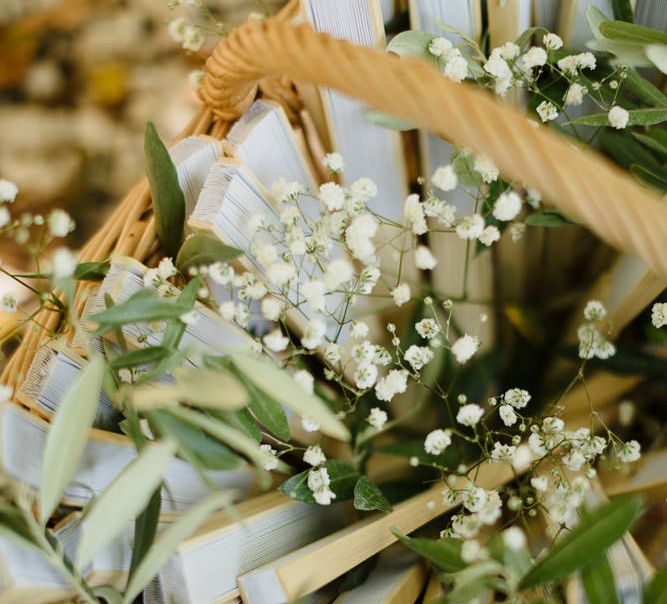 Wicker basket with fans and gypsophola