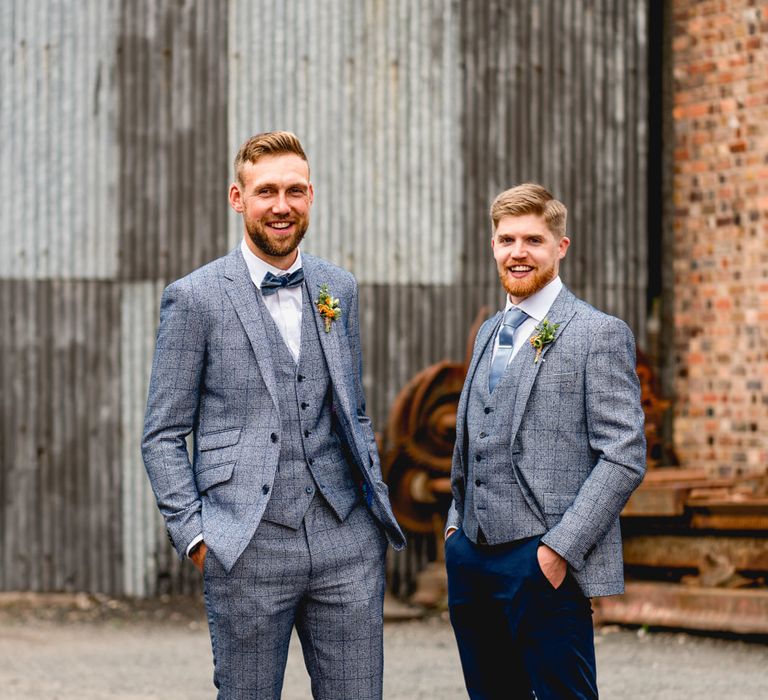 Groomsmen in Blue Check Moss Bros. Suits | Vintage Fairground at Blists Hill Victorian Town Museum in Ironbridge | Lisa Carpenter Photographer