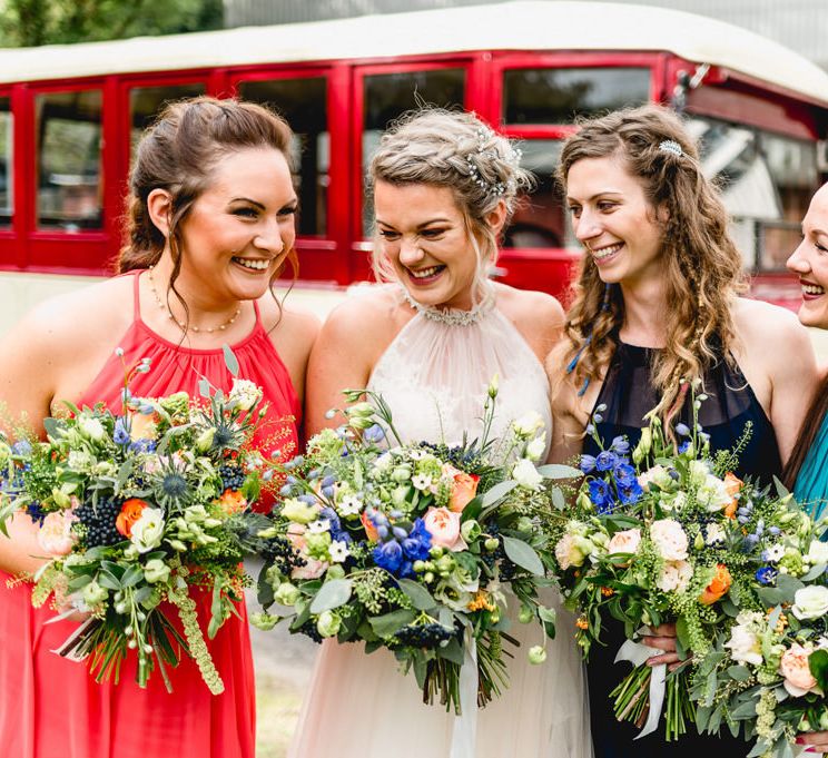 Bridal Party | Bridesmaids in Different Colour Dresses | Bride in Tulle Allure Bridal Gown | Vintage Fairground at Blists Hill Victorian Town Museum in Ironbridge | Lisa Carpenter Photographer