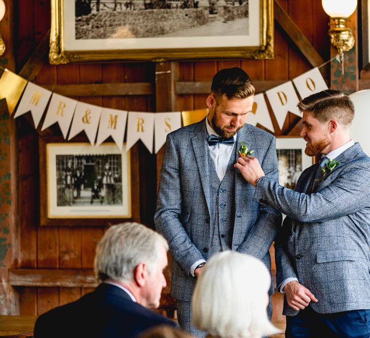 Wedding Ceremony | Groom at the Altar in Blue Check Moss Bros. Suit | Vintage Fairground at Blists Hill Victorian Town Museum in Ironbridge | Lisa Carpenter Photographer