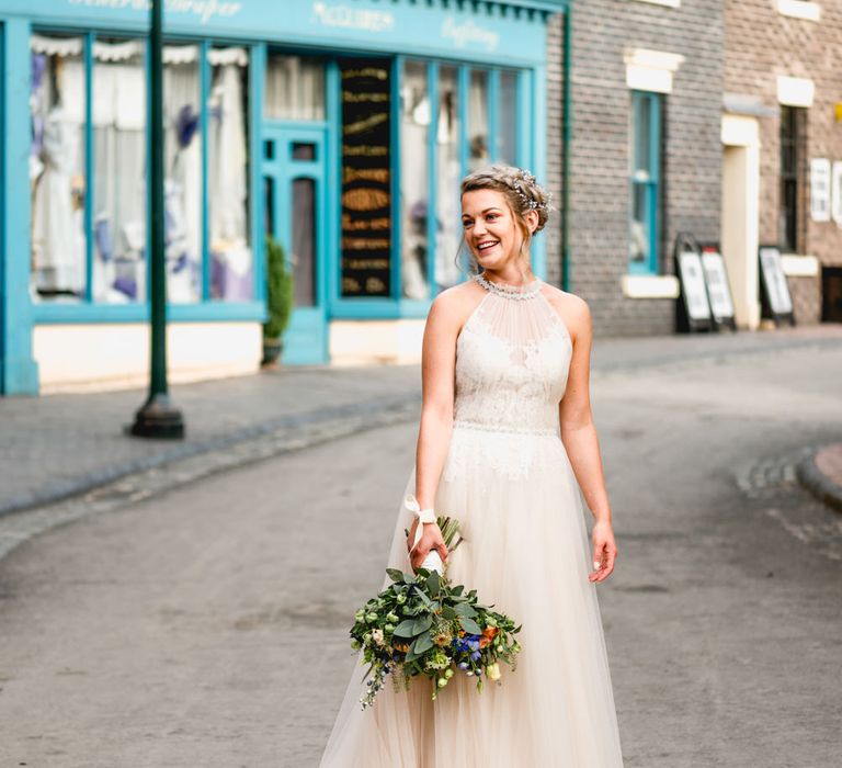 Bride in Halterneck Tulle Allure Bridal Wedding Dress | Vintage Fairground at Blists Hill Victorian Town Museum in Ironbridge | Lisa Carpenter Photographer