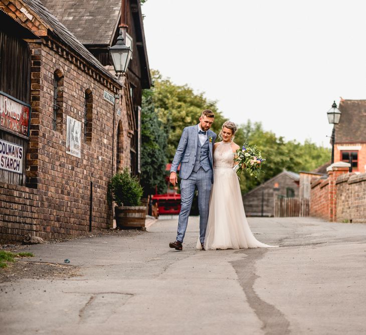 Bride in Halterneck Tulle Allure Bridal Wedding Dress | Groom in  Blue Check Moss Bros. Suit | Vintage Fairground at Blists Hill Victorian Town Museum in Ironbridge | Lisa Carpenter Photographer