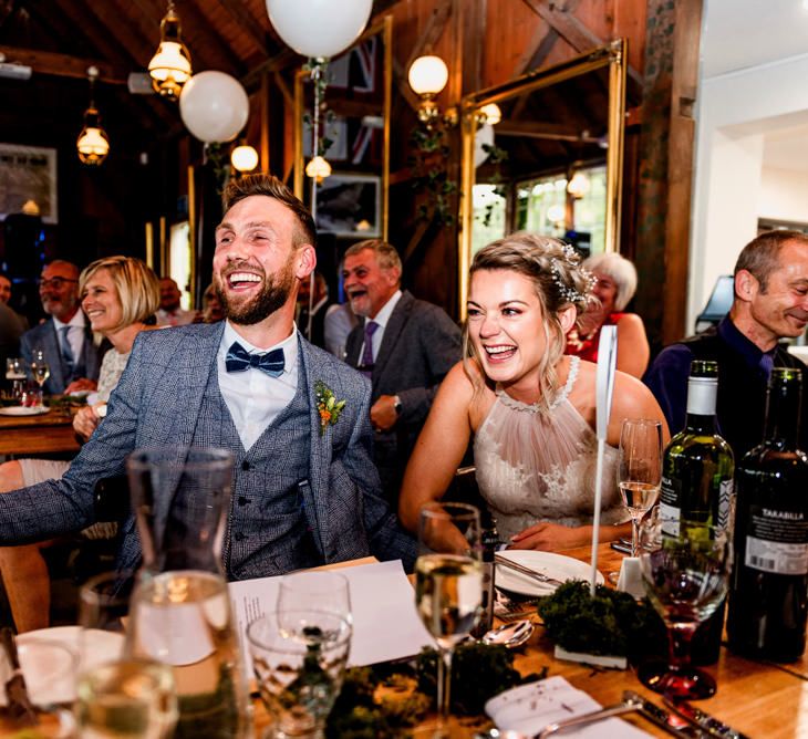 Wedding Reception | Bride in Halterneck Tulle Allure Bridal Wedding Dress | Groom in  Blue Check Moss Bros. Suit | Vintage Fairground at Blists Hill Victorian Town Museum in Ironbridge | Lisa Carpenter Photographer