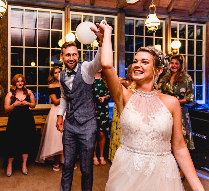 First Dance | Bride in Halterneck Tulle Allure Bridal Wedding Dress | Groom in  Blue Check Moss Bros. Suit | Vintage Fairground at Blists Hill Victorian Town Museum in Ironbridge | Lisa Carpenter Photographer