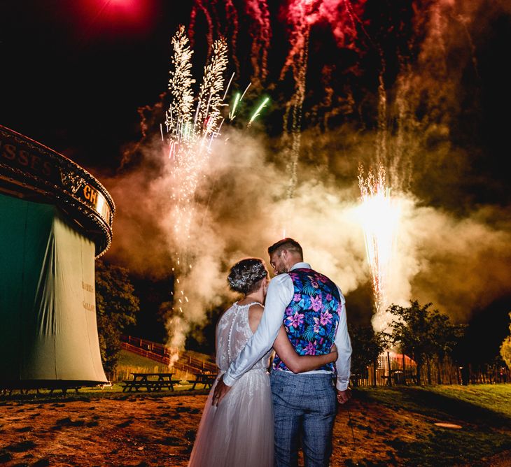 Fireworks Display | Bride in Halterneck Tulle Allure Bridal Wedding Dress | Groom in  Blue Check Moss Bros. Suit | Vintage Fairground at Blists Hill Victorian Town Museum in Ironbridge | Lisa Carpenter Photographer