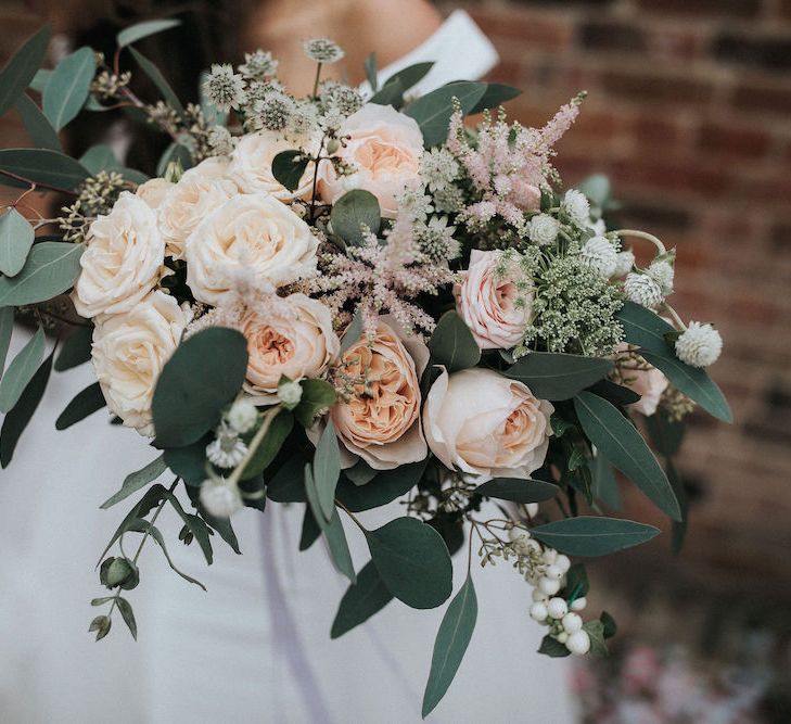 Foliage and Peach Flower Bridal Bouquet with Eucalyptus and Roses