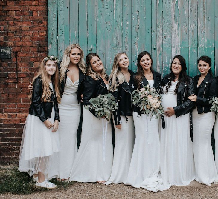 Bridal Party in White Dresses and Leather Jackets