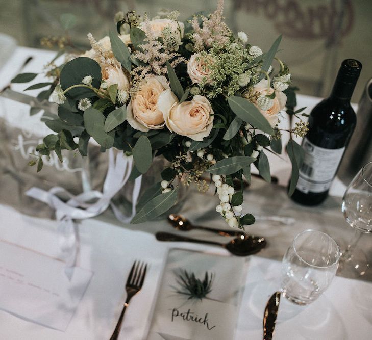 Elegant Table Centrepiece with Eucalyptus and Peach Rose Floral Decor