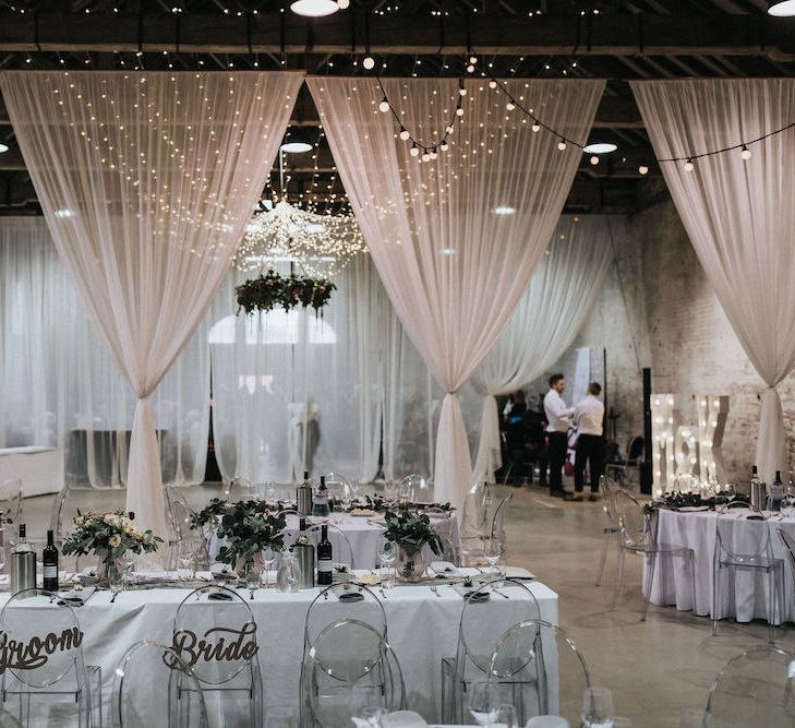 Wedding Reception Decor with Drapes, Festoon Lights and Festoon Lights