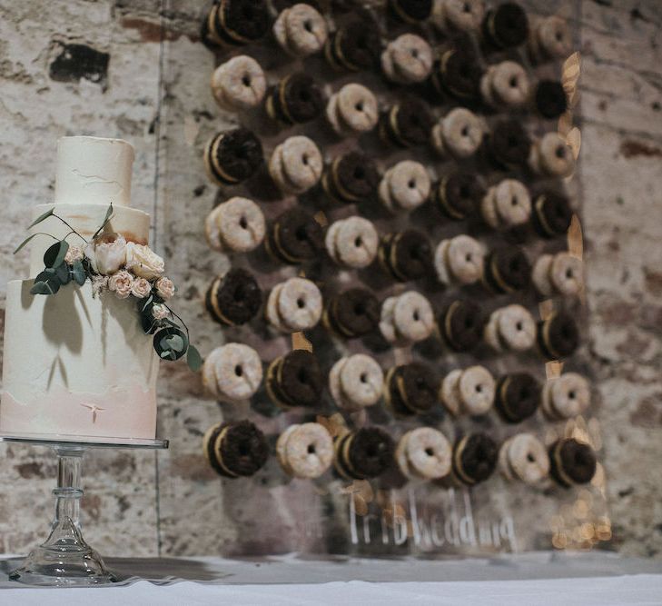 Elegant Wedding Cake and Doughnut Wall