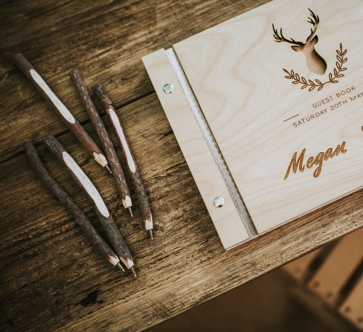 Stag Head Guest Book For Wedding // Woodland Luxe Wedding With Personalised Wooden Place Mats For Guests Marquee Wedding At Home With Images From Darina Stoda Photography