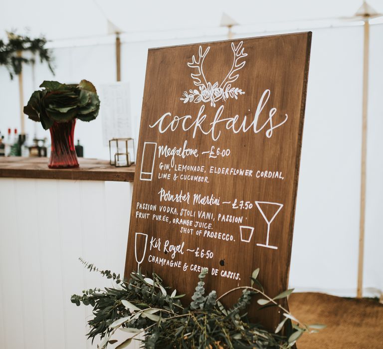 Cocktail Bar Sign For Wedding // Woodland Luxe Wedding With Personalised Wooden Place Mats For Guests Marquee Wedding At Home With Images From Darina Stoda Photography