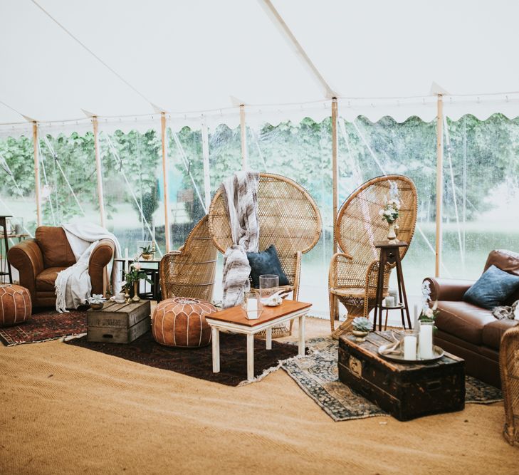 Boho Seating Area For Wedding // Woodland Luxe Wedding With Personalised Wooden Place Mats For Guests Marquee Wedding At Home With Images From Darina Stoda Photography