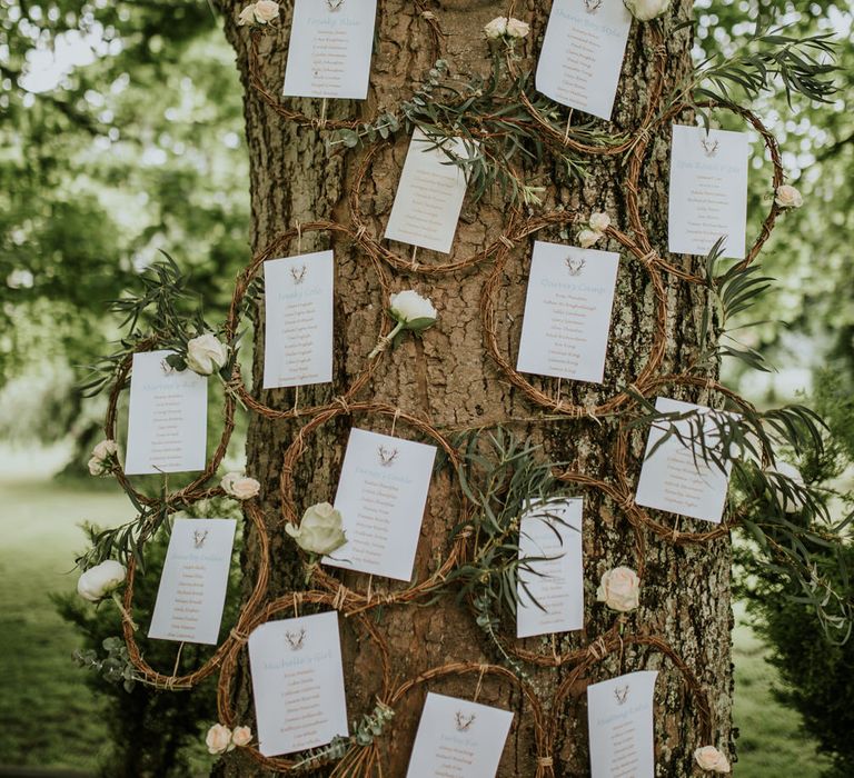 Table Plan On Tree For At Home Wedding // Woodland Luxe Wedding With Personalised Wooden Place Mats For Guests Marquee Wedding At Home With Images From Darina Stoda Photography