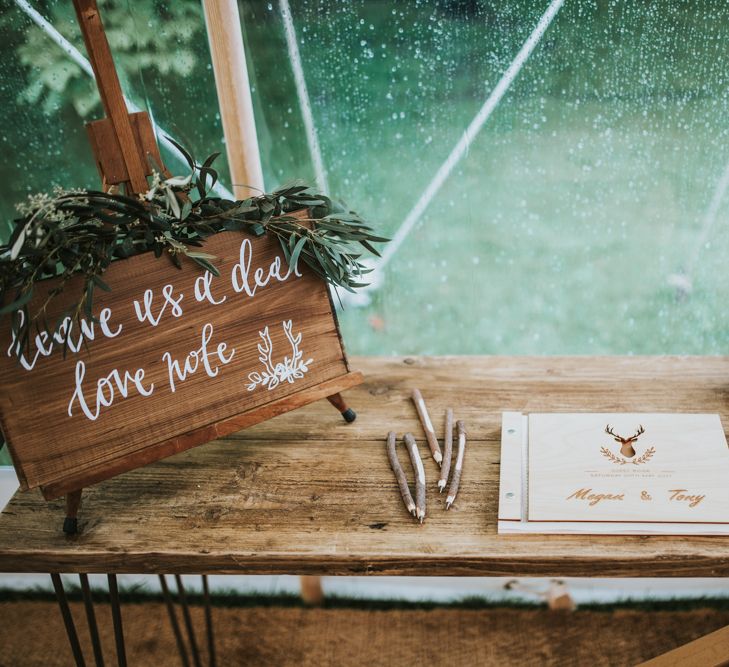 Stag Head Guest Book For Wedding // Woodland Luxe Wedding With Personalised Wooden Place Mats For Guests Marquee Wedding At Home With Images From Darina Stoda Photography