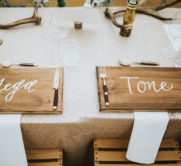 Personalised Wooden Place Mats For Wedding Guests // Woodland Luxe Wedding With Personalised Wooden Place Mats For Guests Marquee Wedding At Home With Images From Darina Stoda Photography